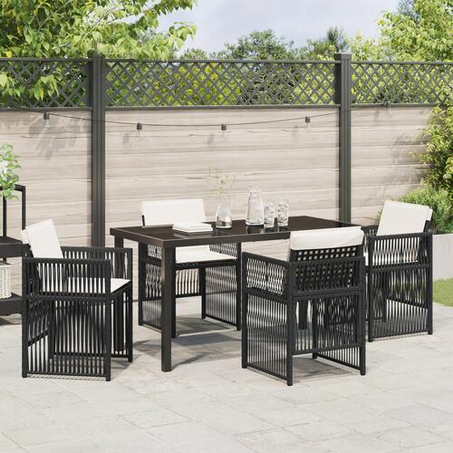 5-personers have spisebord sæt med puder sort poly rattan, havebord sort 140x80x73 cm hærdet glas