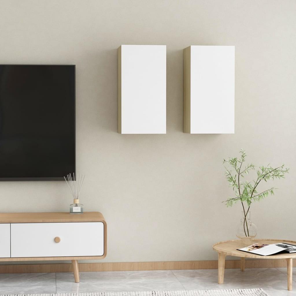 Tv-borde 2 stk. 30,5x30x60 cm konstrueret træ hvid og sonoma-eg