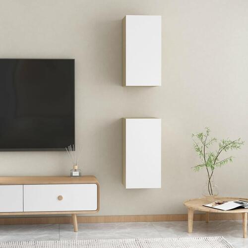 Tv-borde 2 stk. 30,5x30x60 cm konstrueret træ hvid og sonoma-eg