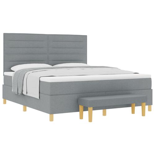 Box Spring Seng med Madras & Bænk Lysegrå 180x200 cm Stof
