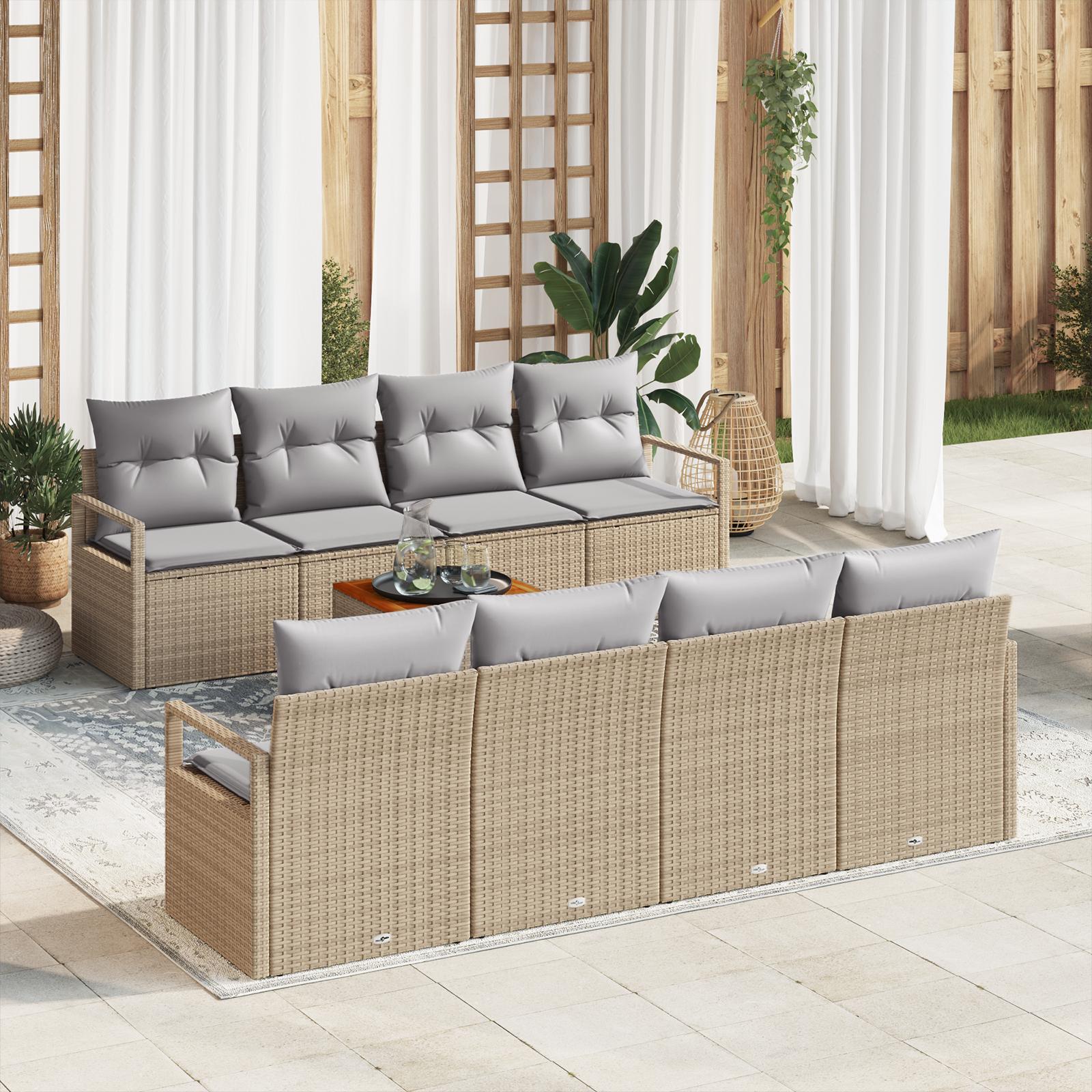 9 Delt Have Sofa Sæt med Hynder Beige Poly Rattan Acacia,  2-personers Have Sofa med Opbevaring & Hynder Beige Poly Rattan