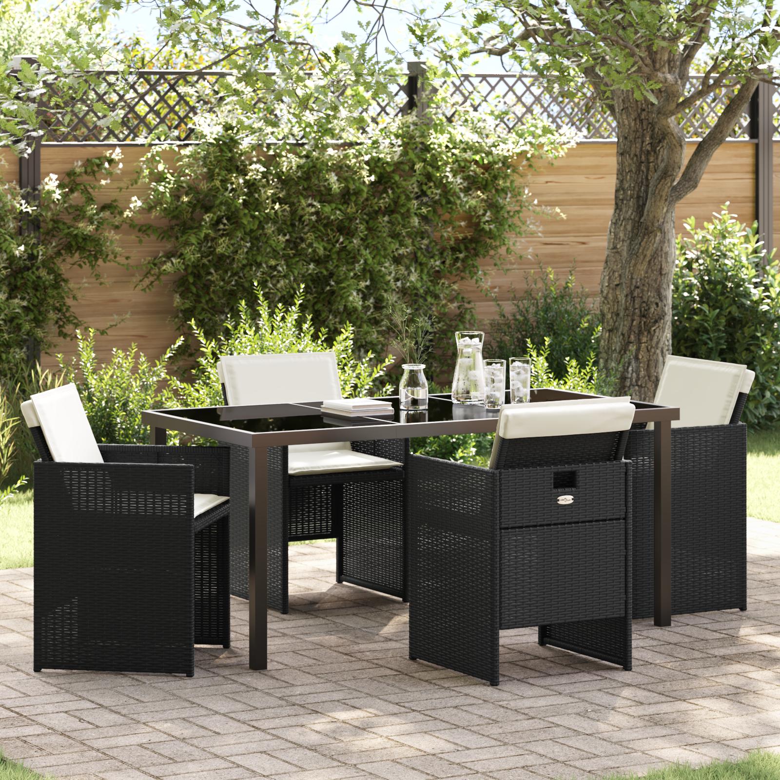 5 Styk Have Spisesæt med Hynder Sort Poly Rattan, Have Bord Sort 160x80x73 cm Tempereret Glas