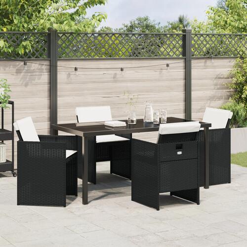 5 Styk Have Spisesæt med Hynder Sort Poly Rattan, Have Bord Sort 160x80x73 cm Tempereret Glas