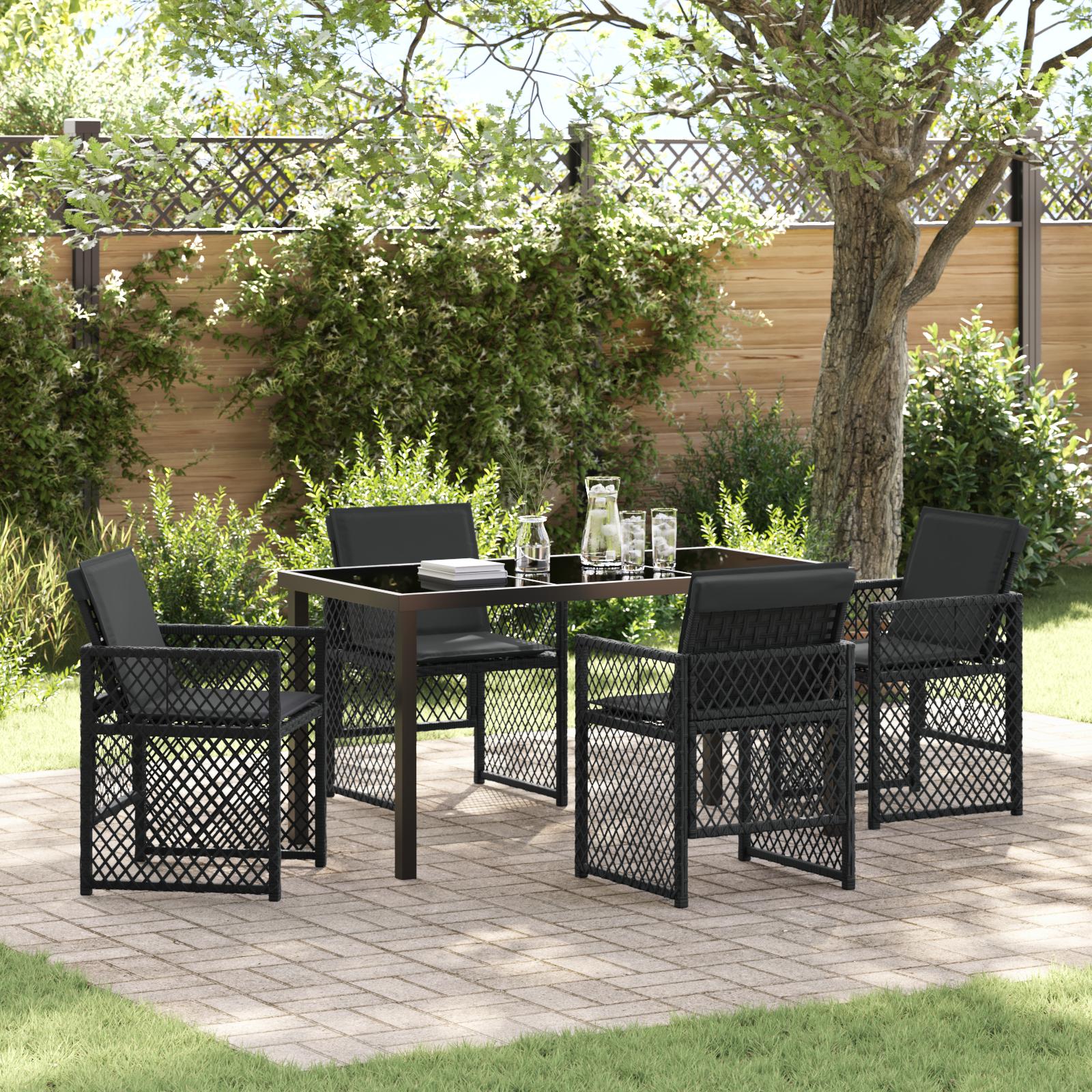 5 Deles Have Dining Sæt med Hynder Sort Poly Rattan,  Have Bord Sort 140x80x73 cm Tempereret Glas