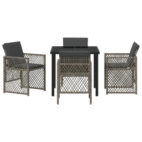5 Stykke Have Spise Sæt med Puder Grå Poly Rattan, Have Bord Sort 80x80x73 cm Tempereret Glas
