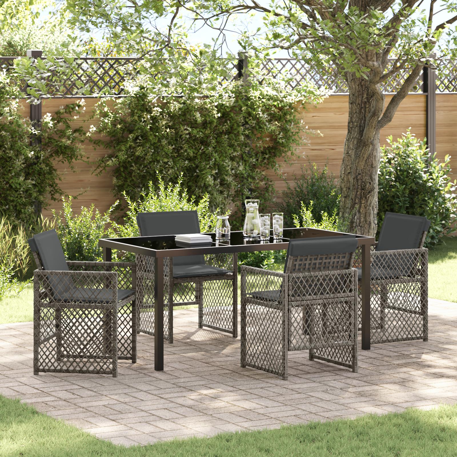 5 Stykke Have Spisebordsæt med Puder Grå Poly Rattan, Have Bord Sort 160x80x73 cm Tempereret Glas