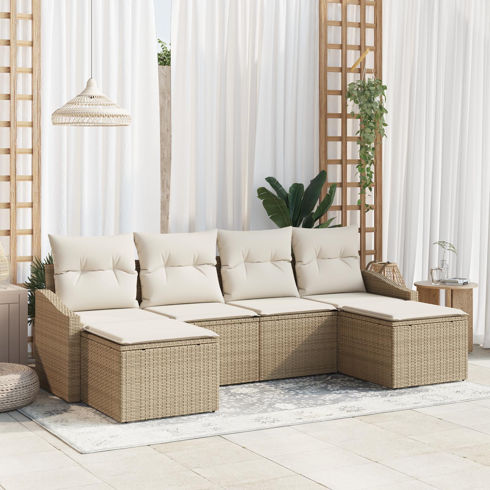 6-Delt Have Spisestel med Puder Beige Poly Rattan