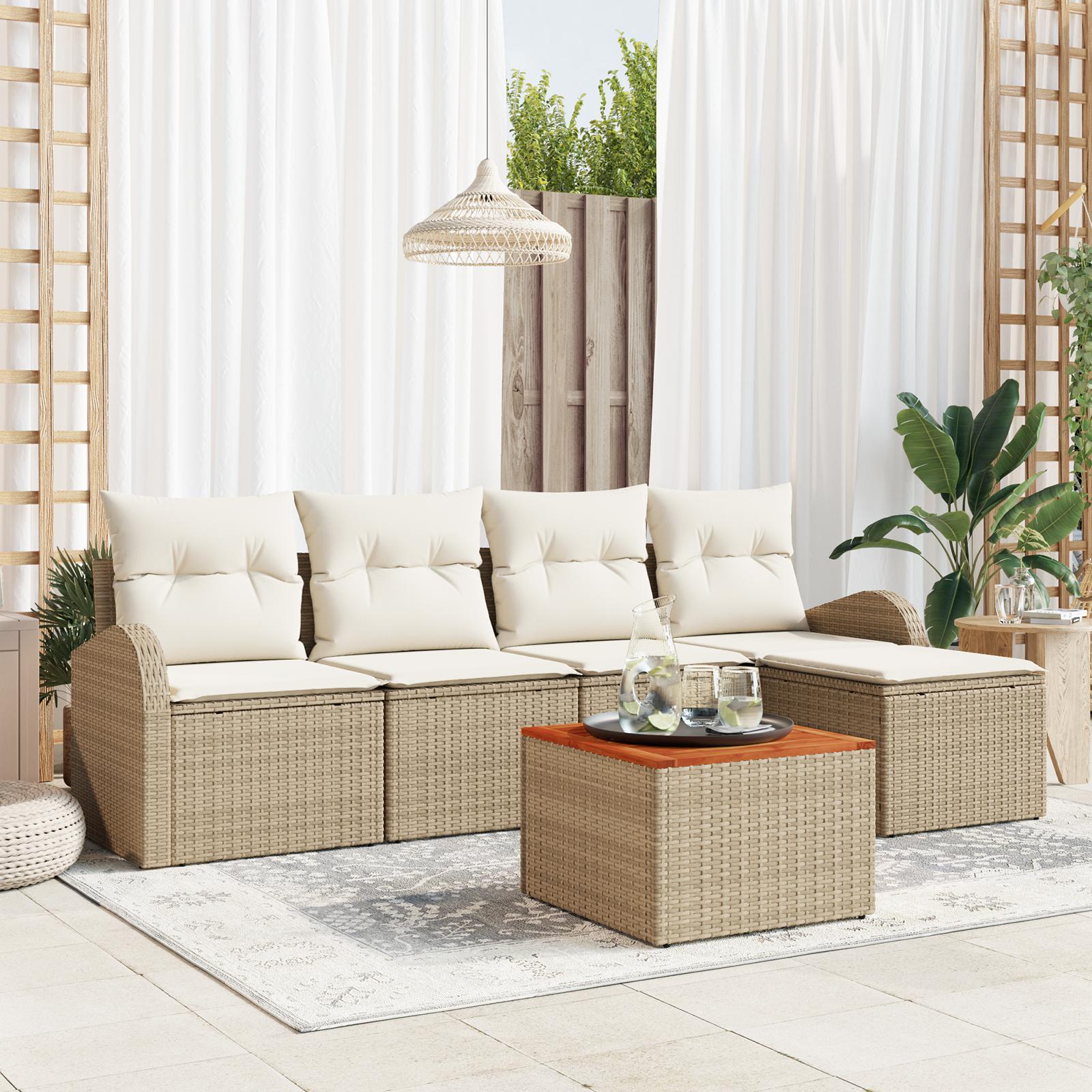 6 Stykke Have Sofa Sæt med Puder Beige Poly Rattan Acacia