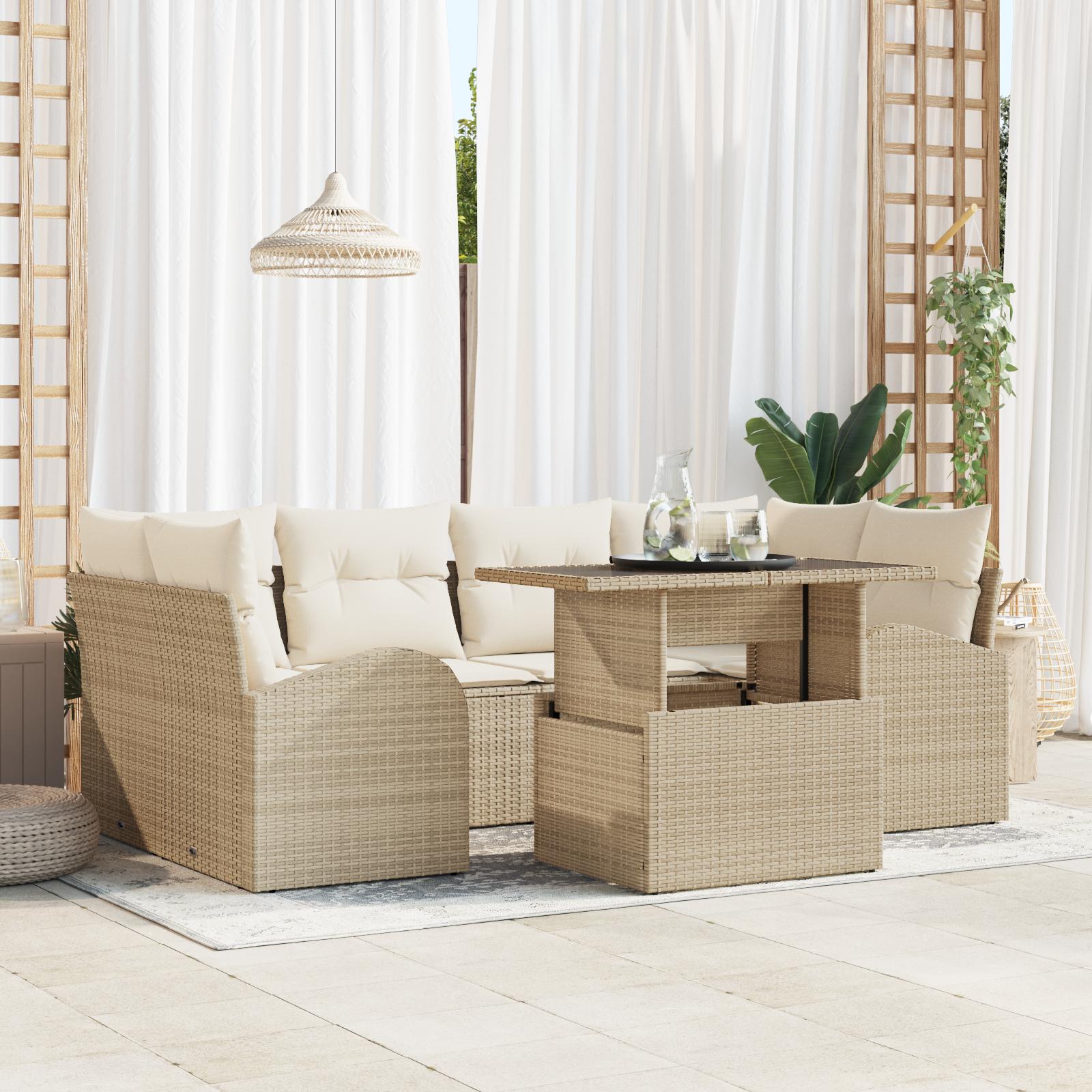 Havesofa Sæt med pude 7 stk Beige 100 x 55 x 73 cm Poly rattan billede