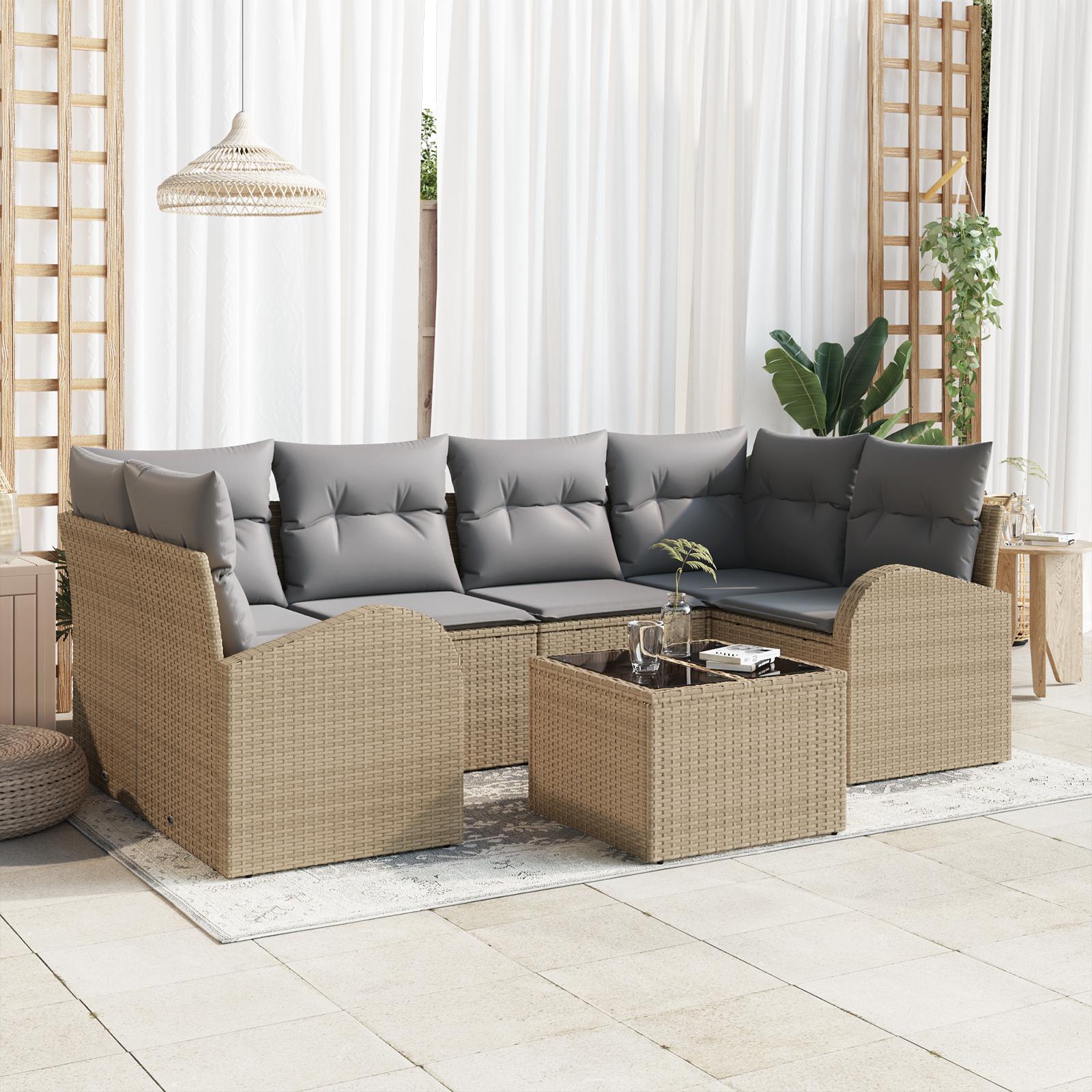 7 Personers Have Sofa Sæt med Puder Beige Poly Rattan,  2-Personers Have Sofa med Opbevaring & Puder Beige Poly Rattan