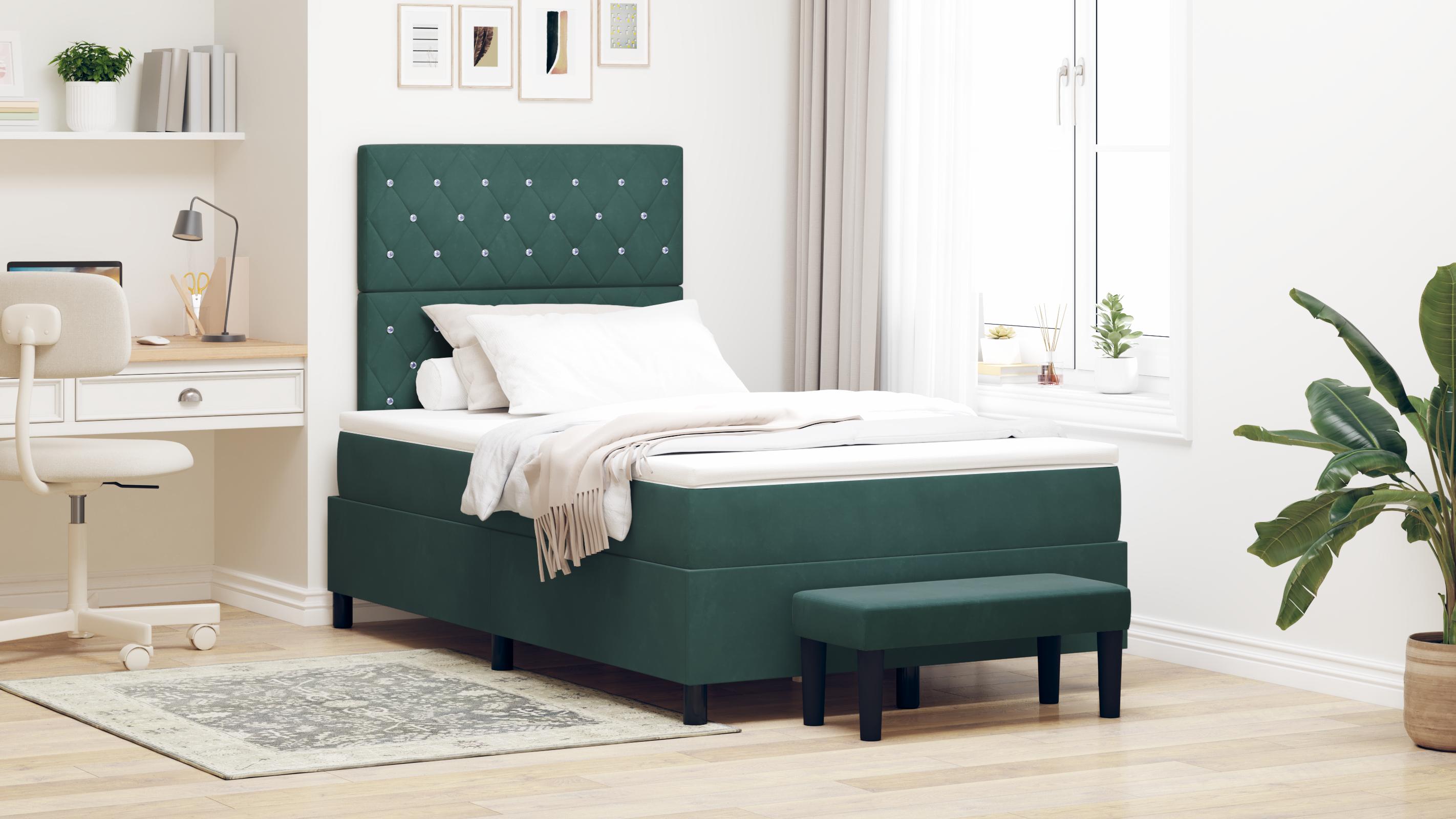 Box Spring Seng med Madras & Bænk Mørkegrøn 120x190 cm Fløjl