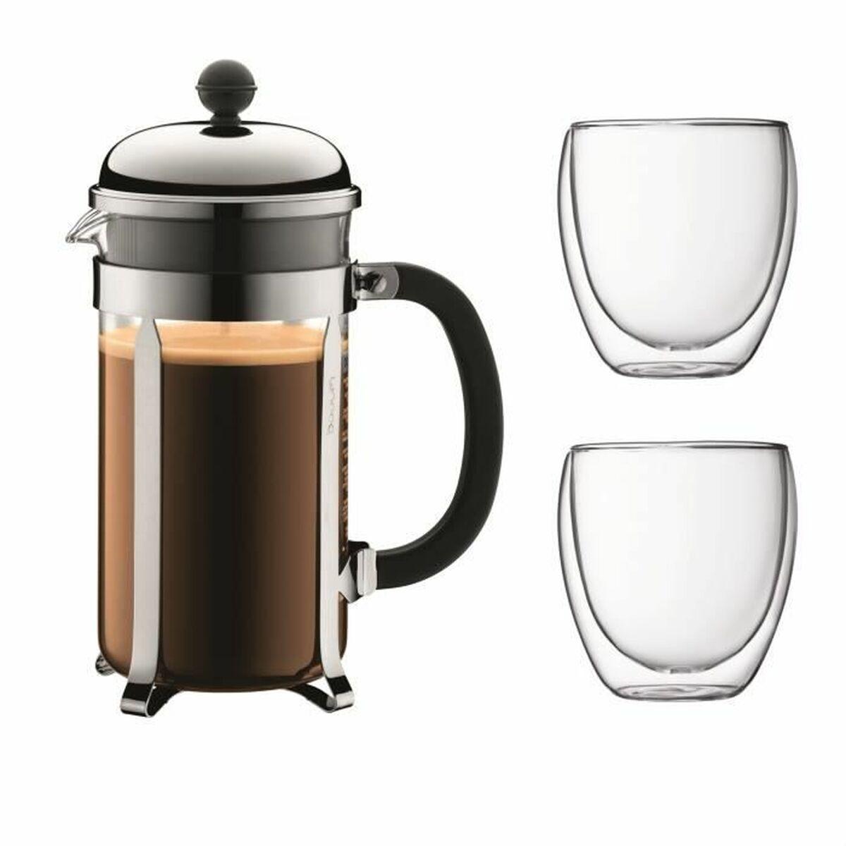 Bodum kaffekande med stempel - grå, sæt med kande 1 l + 2 glas 0,35 l (8 enheder)