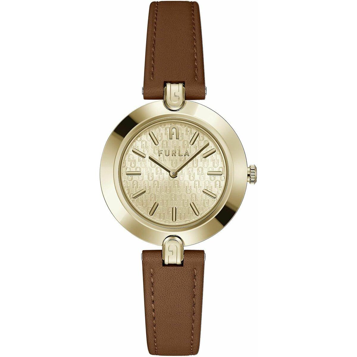 Furla dameur WW00002002L2 - gylden skive, brun læderrem (Ø 30 mm)