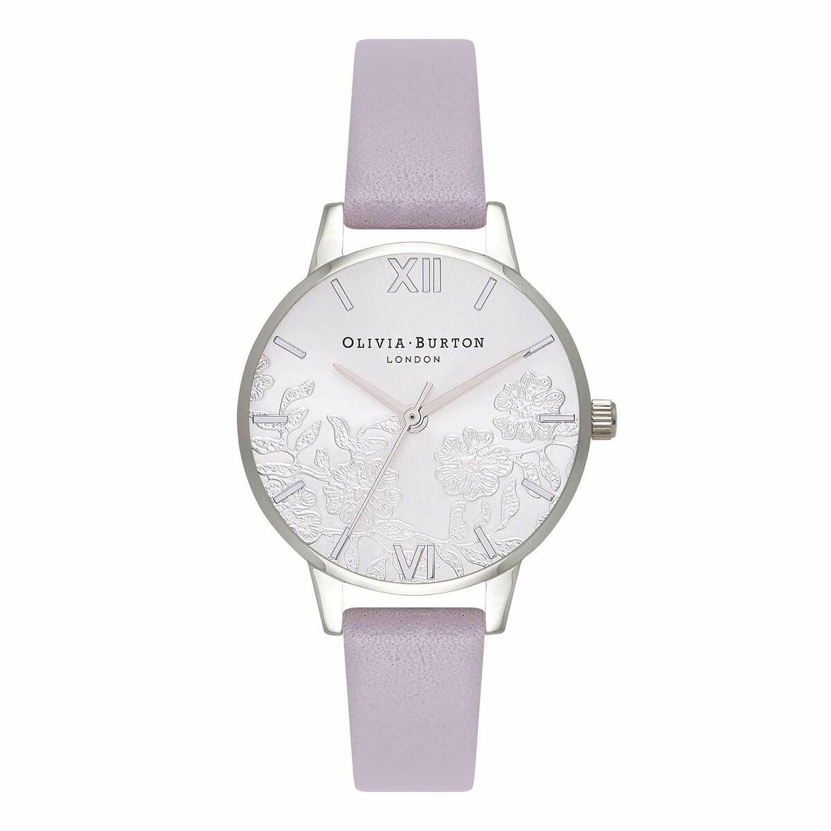 Olivia Burton dameur OB16MV76 - grå skive, lilla læderrem (Ø 34 mm)