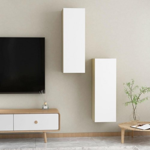 Tv-borde 2 stk. 30,5x30x90 cm konstrueret træ hvid og sonoma-eg