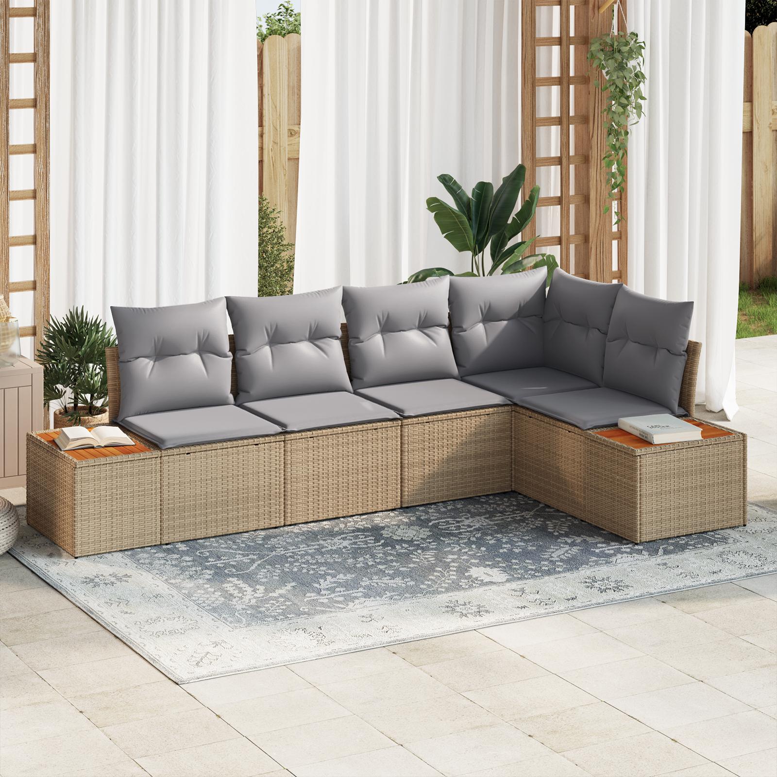 5 Stykker Have Sofa Sæt med Puder i Beige Poly Rattan