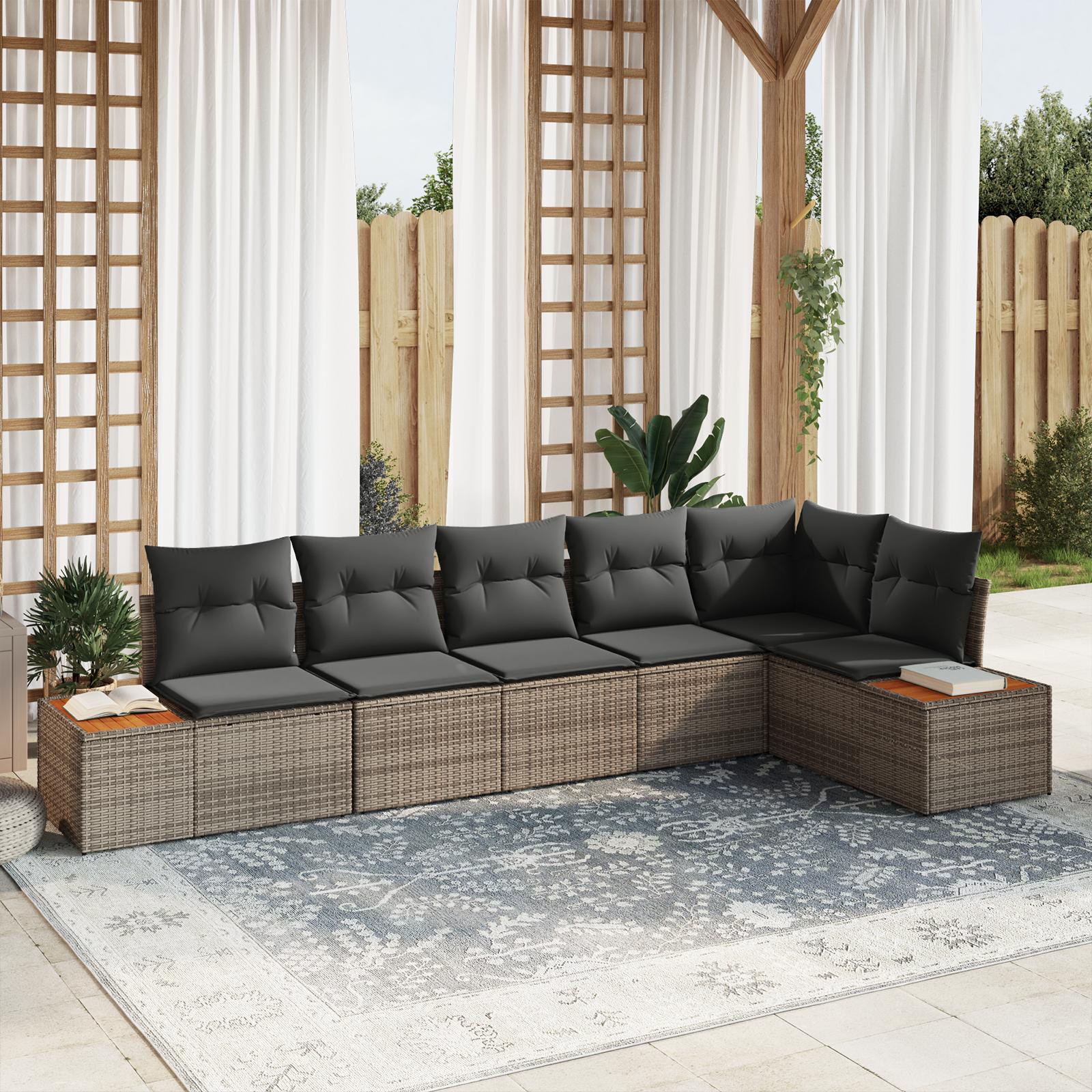 6 Delers Havemøbelsofa Sæt med Puder Grå Poly Rattan Akacietræ