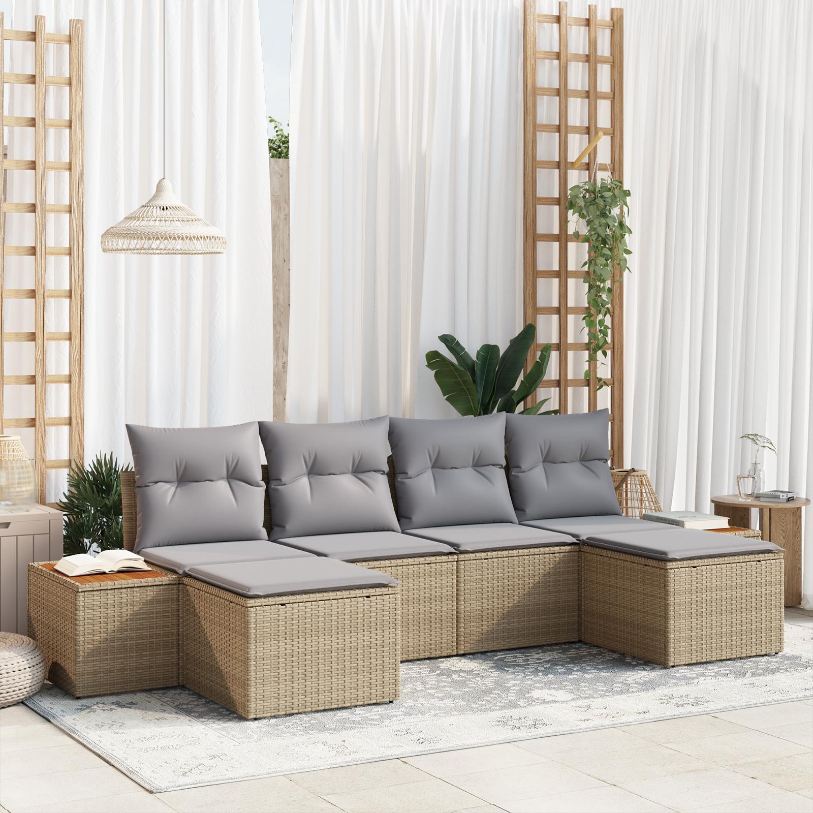 6 Stk Have Sofa Sæt med Puder Beige Poly Rattan Akacie