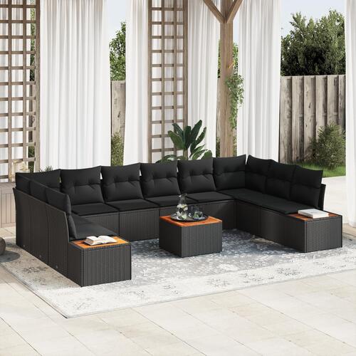 11 Stk. Have Sofa Sæt med Puder Sort Poly Rattan Akaciet
