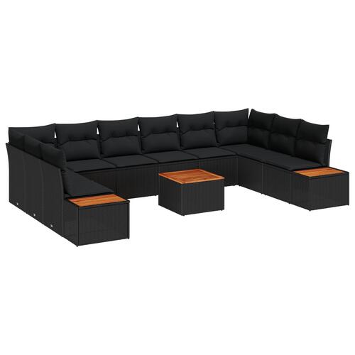 11 Stk. Have Sofa Sæt med Puder Sort Poly Rattan Akaciet