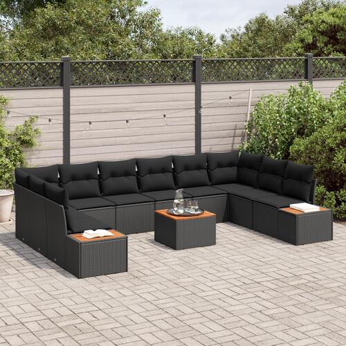11 Stk. Have Sofa Sæt med Puder Sort Poly Rattan Akaciet