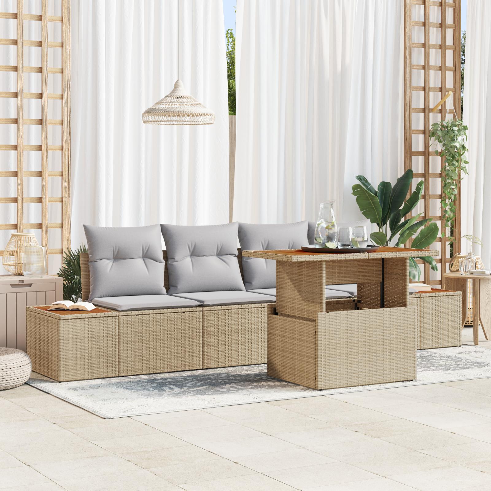 Havesofa sæt med opbevaring - 5 dele, beige polyrattan