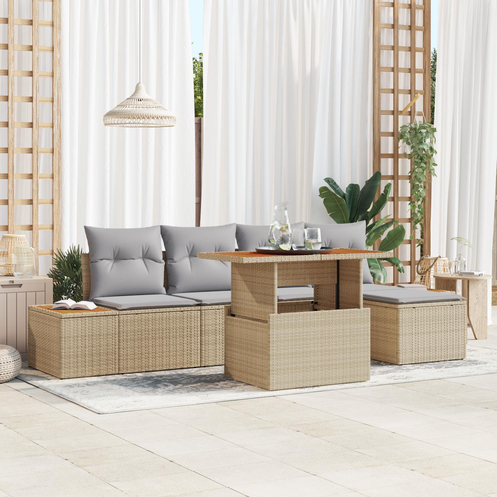 6 Stykke Have Sofa Sæt med Puder Beige Poly Rattan