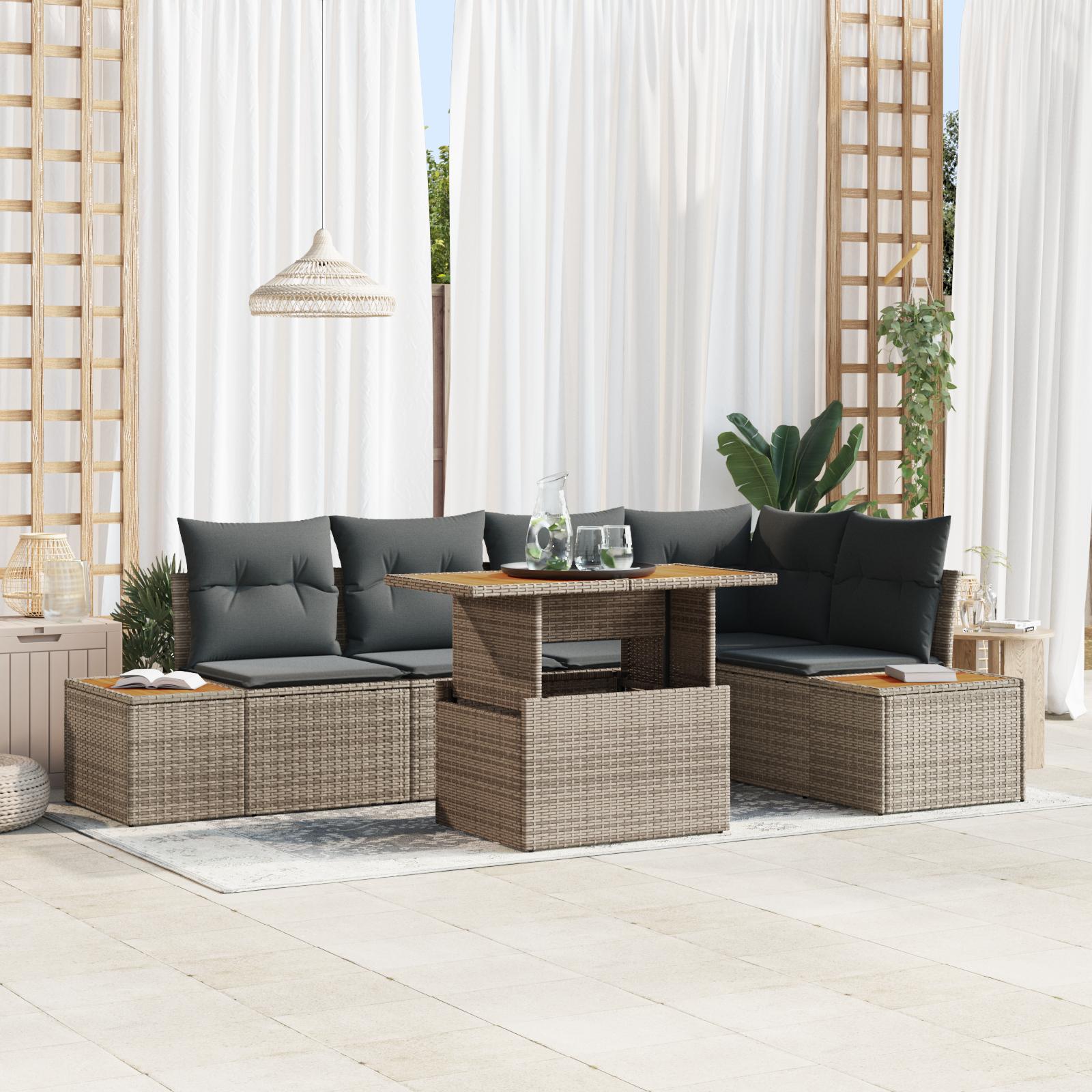 6 Deles Havemøbel Sæt med Puder Grå Poly Rattan