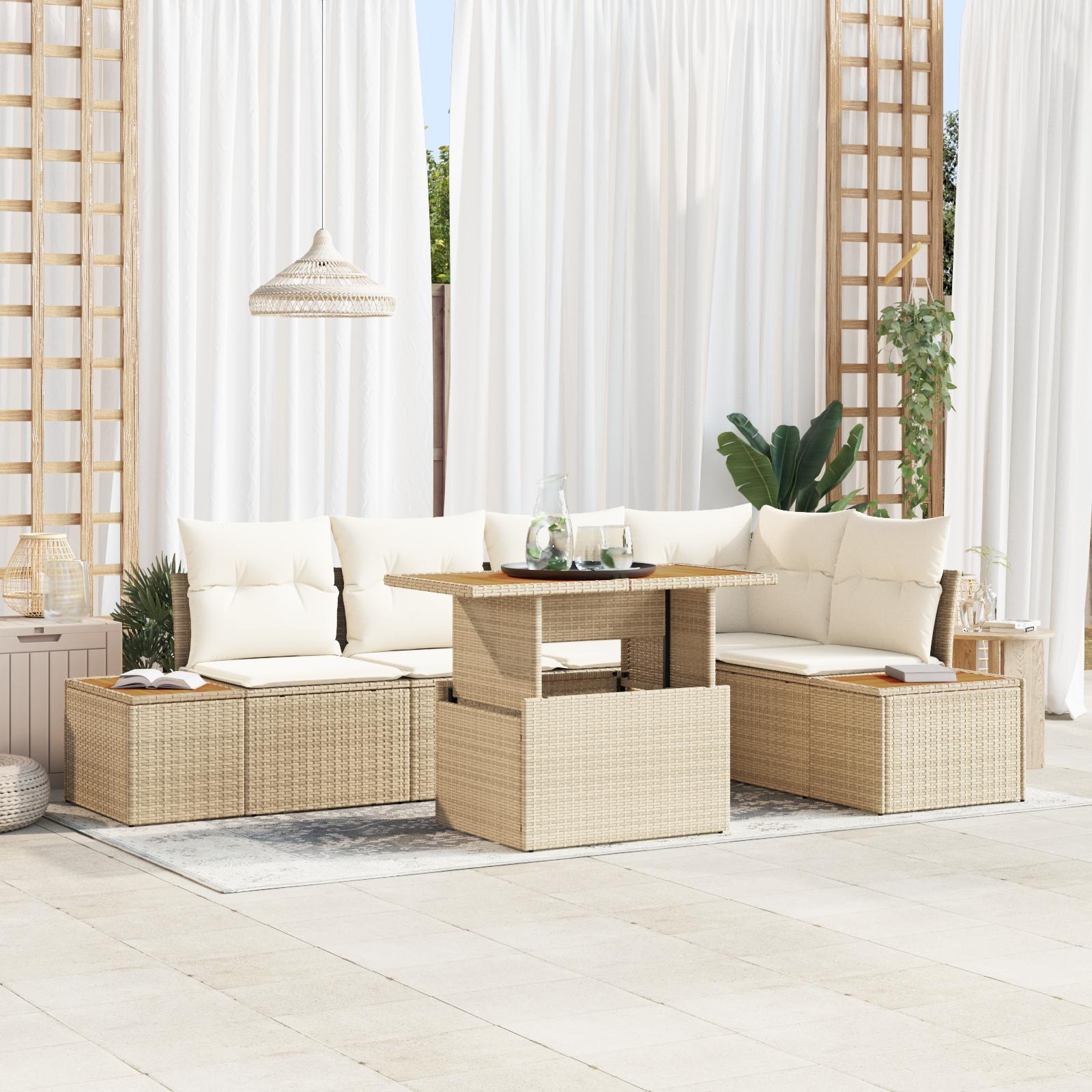 Havesofa-sæt med opbevaring - 6 dele i beige poly rattan