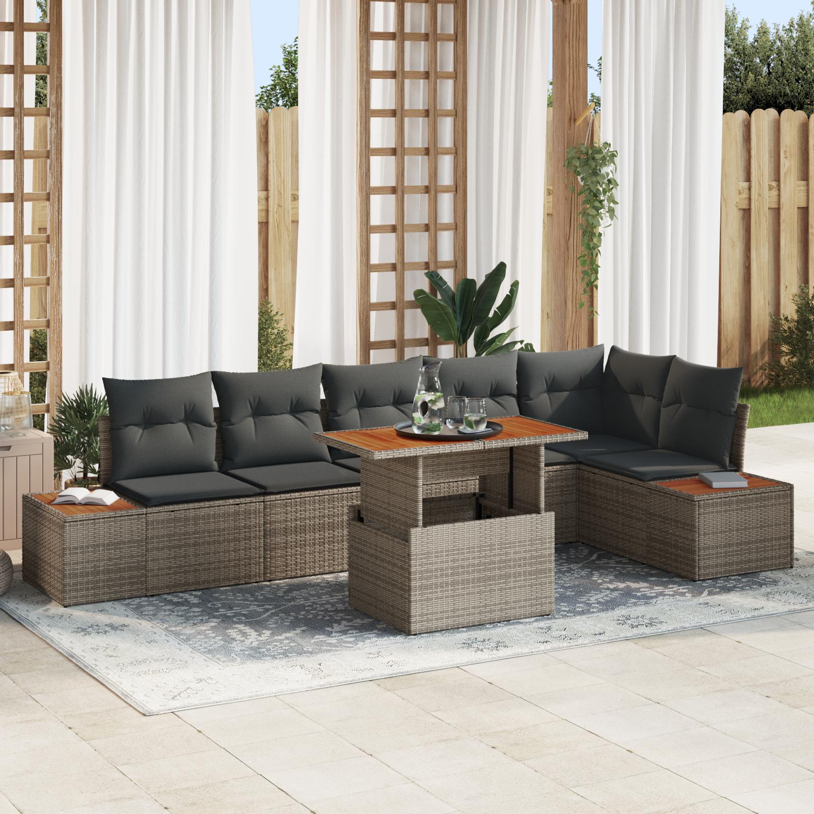 7 Stykker Have Sofa Sæt med Puder Grå Poly Rattan