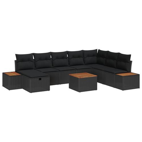 9 Delt Have Sofa Sæt med Puder Sort Poly Rattan