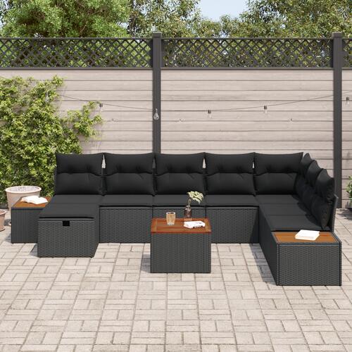 9 Delt Have Sofa Sæt med Puder Sort Poly Rattan