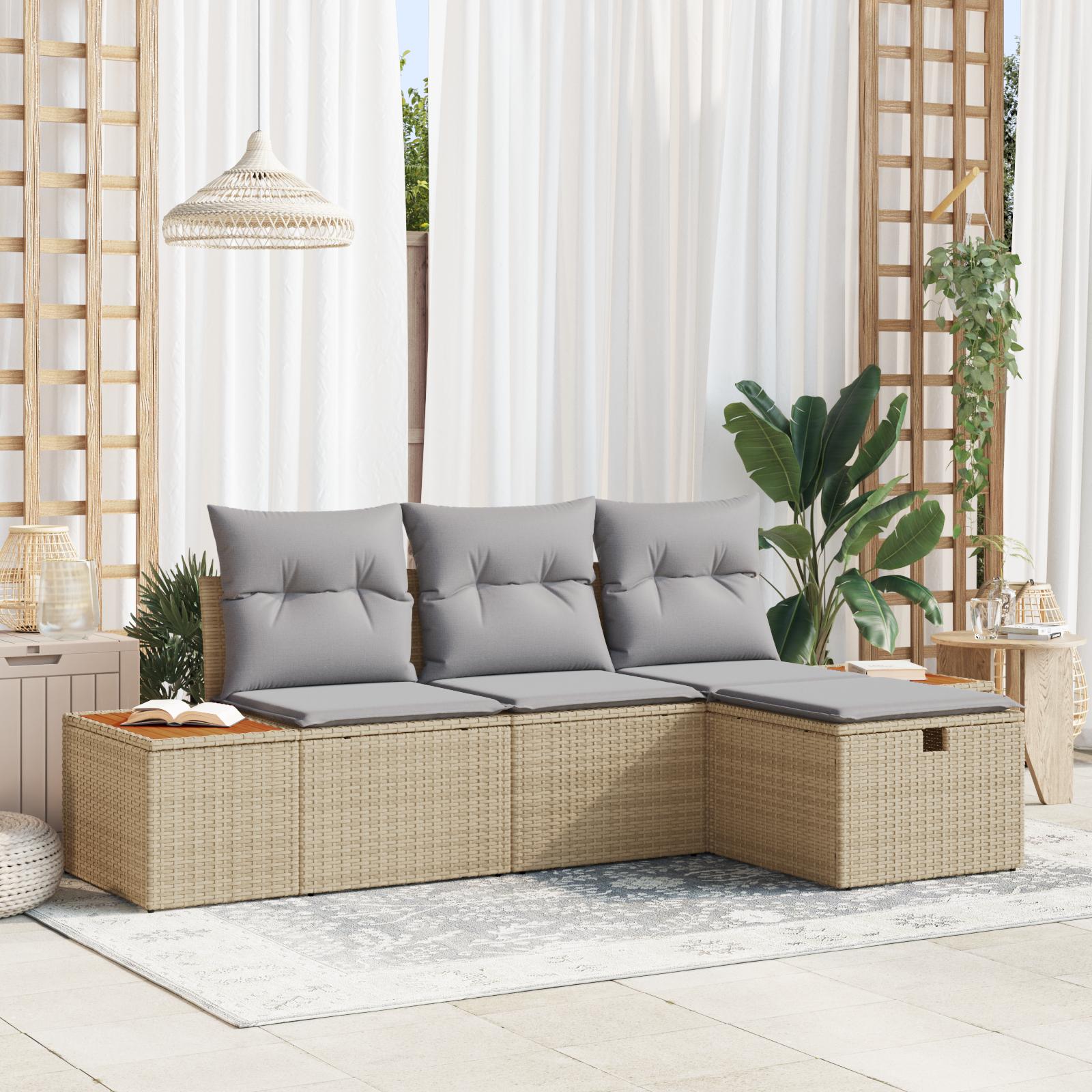 4 Delt Havesofa Sæt med Puder Beige Poly Rattan,  2-Sæders Havesofa med Opbevaring & Puder Beige Poly Rattan