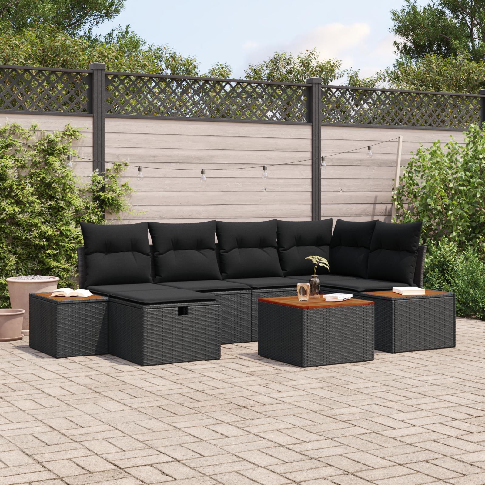 Havesofa Sæt med pude 7 stk Sort 55 x 62 x 69 cm Poly rattan billede