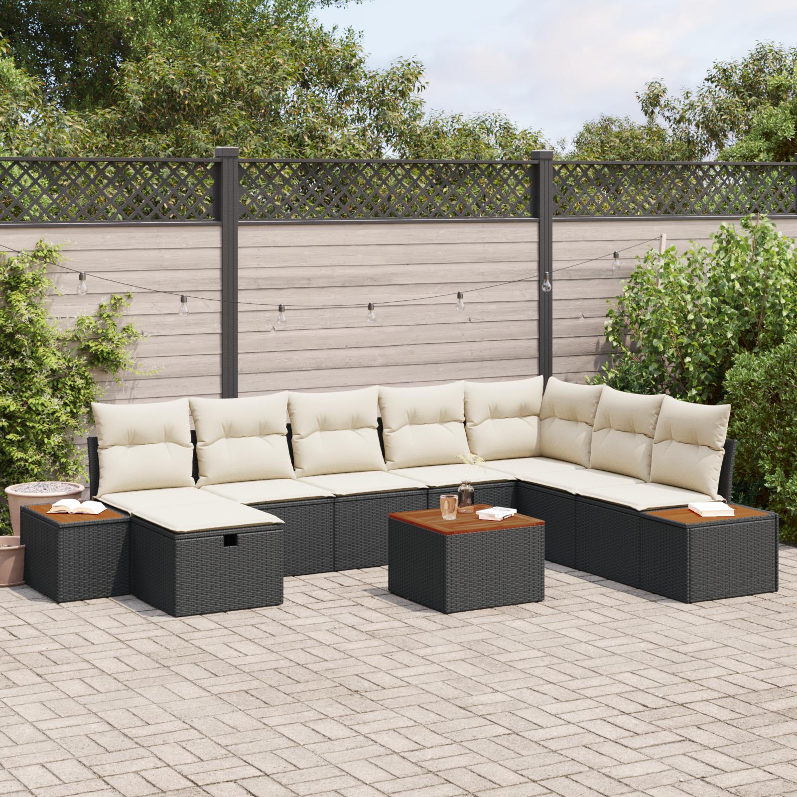 9-delers Have Sofa Sæt med Puder Sort Poly Rattan