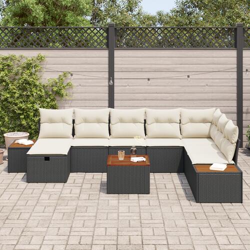 9-delers Have Sofa Sæt med Puder Sort Poly Rattan