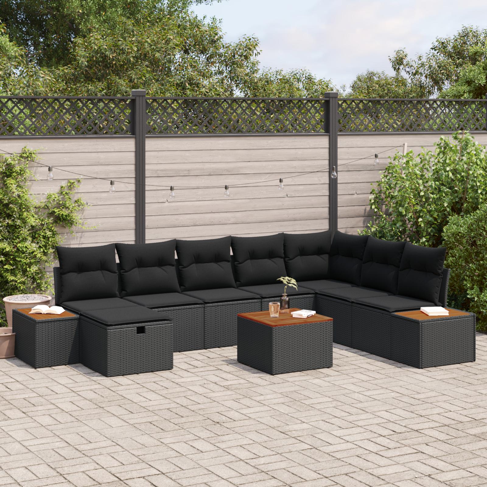Havesofa Sæt med pude 9 stk Sort Poly rattan billede