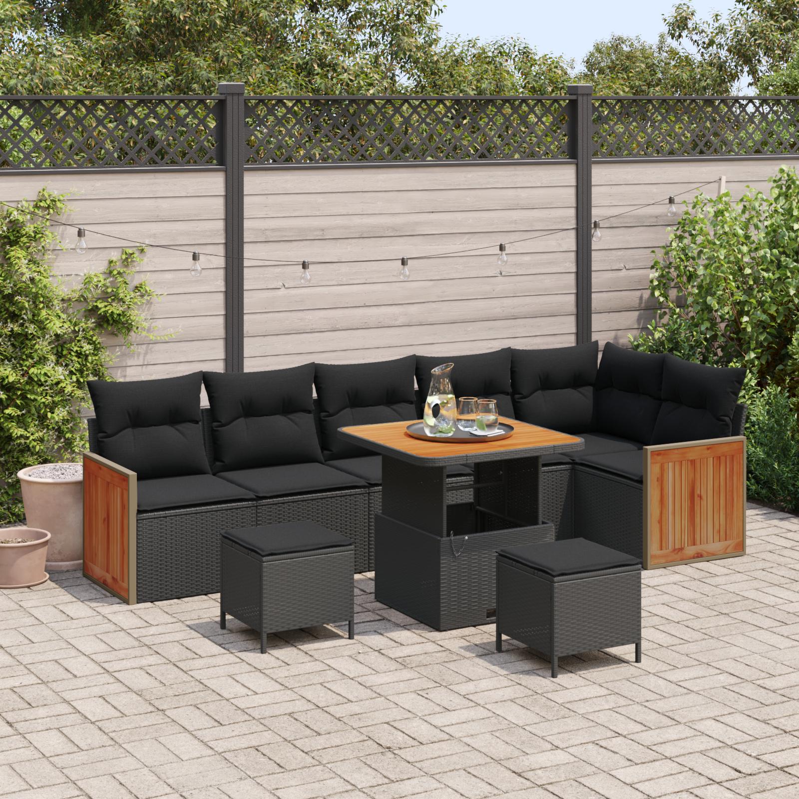 Havesofa Sæt 9 stk Sort Polyrattan og pulverlakeret stål billede