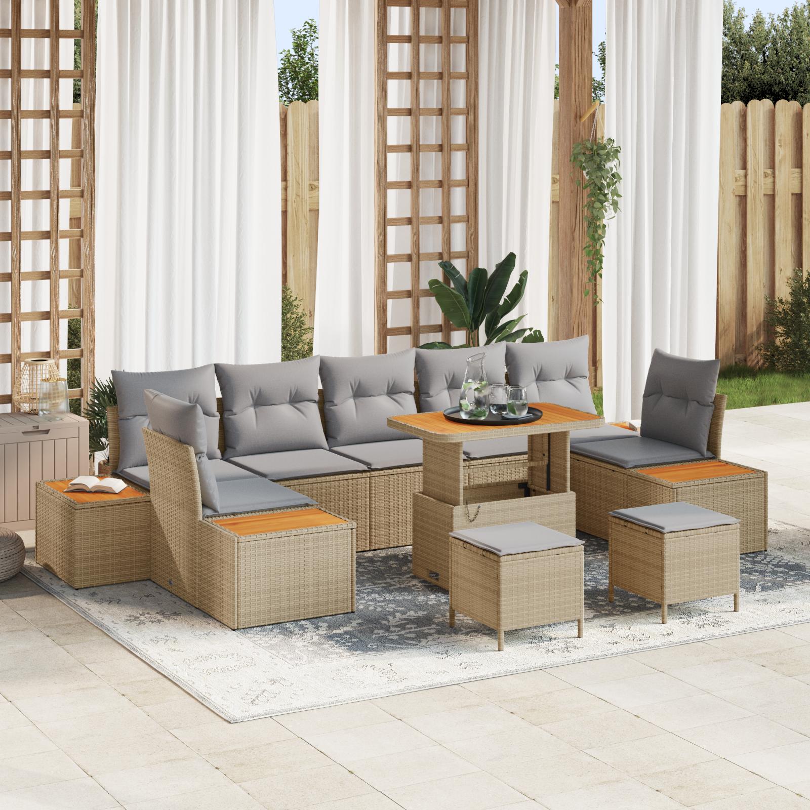 10 Stk Have Sofa Sæt med Puder Beige Poly Rattan Acacia