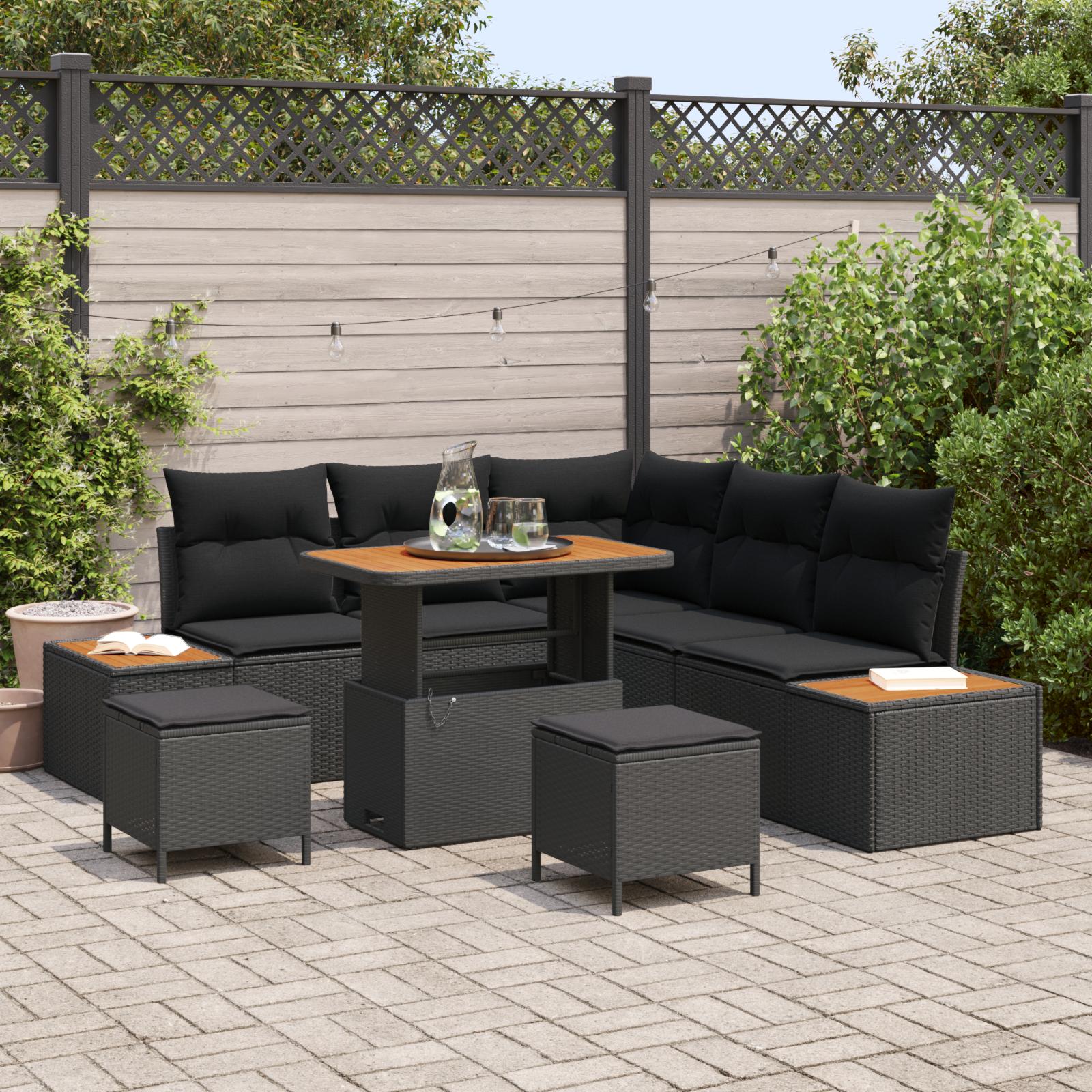 Havesofa Sæt med pude med opbevaring 8 stk Sort Poly rattan billede