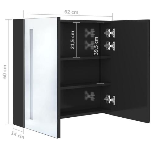 Badeværelsesskab med spejl + LED-lys 62x14x60 cm skinnende sort