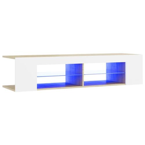Tv-bord med LED-lys 135x39x30 cm hvid og sonoma-eg