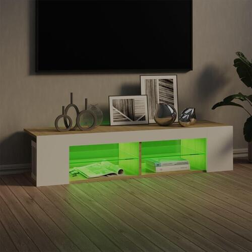 Tv-bord med LED-lys 135x39x30 cm hvid og sonoma-eg