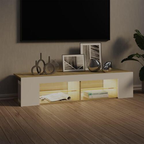 Tv-bord med LED-lys 135x39x30 cm hvid og sonoma-eg