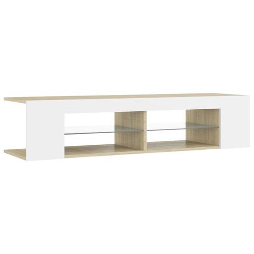 Tv-bord med LED-lys 135x39x30 cm hvid og sonoma-eg
