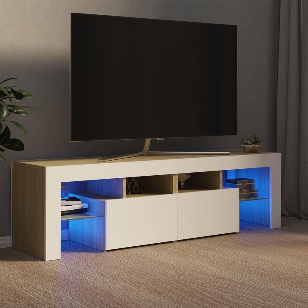 Tv-bord med LED-lys 140x36,5x40 cm hvid og sonoma-eg