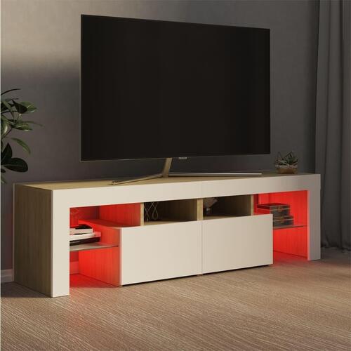 Tv-bord med LED-lys 140x36,5x40 cm hvid og sonoma-eg