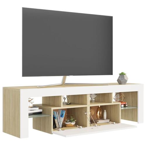 Tv-bord med LED-lys 140x36,5x40 cm hvid og sonoma-eg
