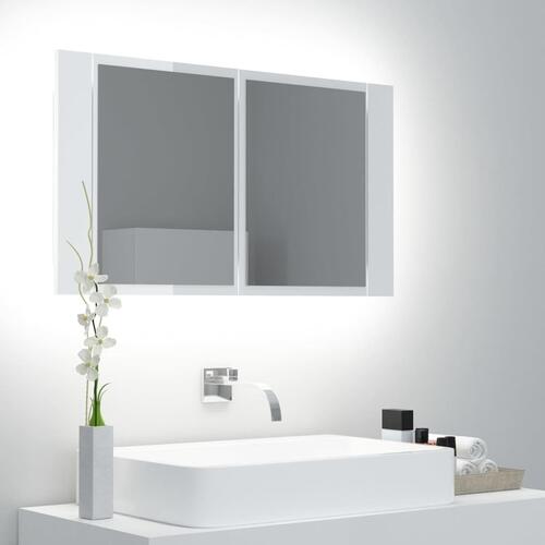 Badeværelsesskab m. spejl+LED-lys 80x12x45 akryl hvid højglans