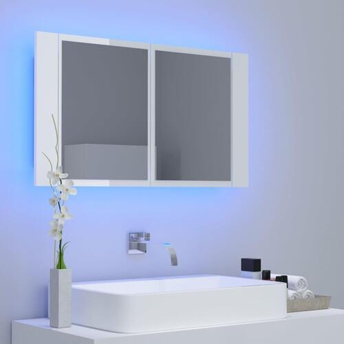 Badeværelsesskab m. spejl+LED-lys 80x12x45 akryl hvid højglans